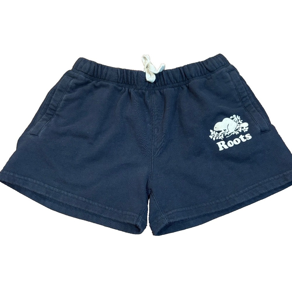 Rootsโ beaver logo shorts navy front pockets drawstring womens' sz XS athleisure